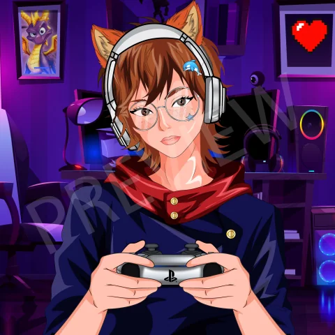 A cat-eared illustrated gamer with glasses, headphones and a controller in a purple gaming room; the creator’s preview watermark crosses the image.