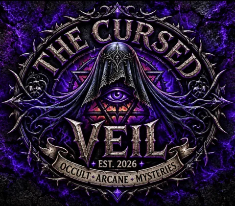 The words The Cursed Veil inside an ornate silver circular emblem with a violet eye and gothic detailing.