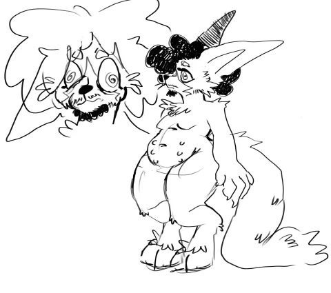 An expressive black-and-white character drawing with long ears, a large fluffy tail and a smaller head sketch.