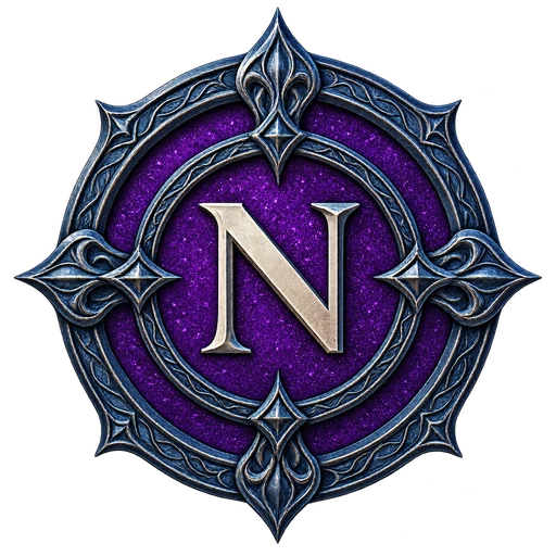 Nighthaven Enclave crest: a silver N on a purple medallion within an ornate dark silver frame.