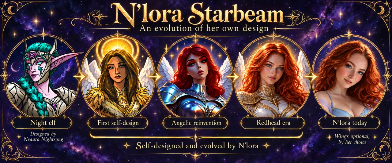 N’lora Starbeam: an evolution of her own design. Five portraits show her night elf form, first self-design, angelic reinvention, redhead era and appearance today.