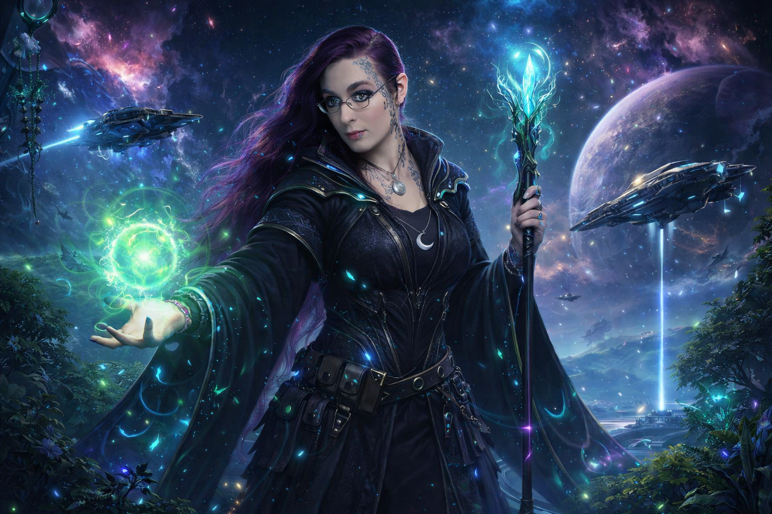 Stylized cosmic portrait of Neaura with purple hair, glasses, and a glowing staff.