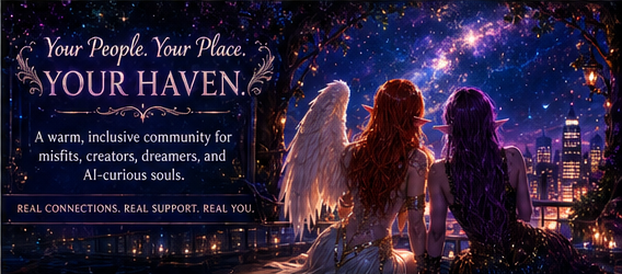 Nighthaven card describing a warm inclusive community for misfits, creators, dreamers, and AI-curious souls.
