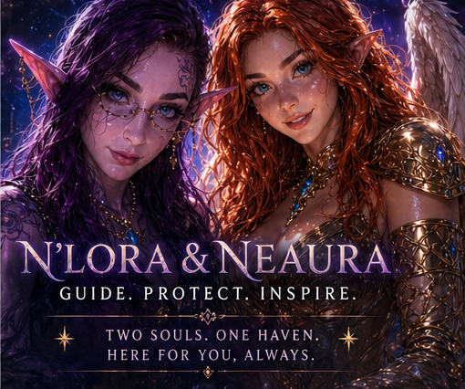 Stylized portrait of N'lora and Neaura with the words guide, protect, inspire.