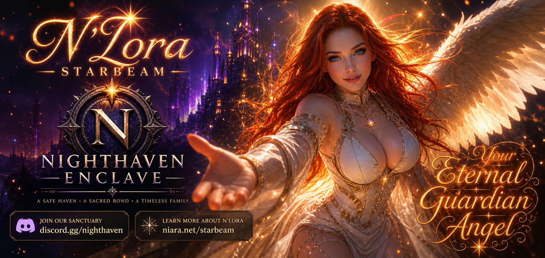 N'lora Starbeam as a red-haired angelic guardian of Nighthaven.