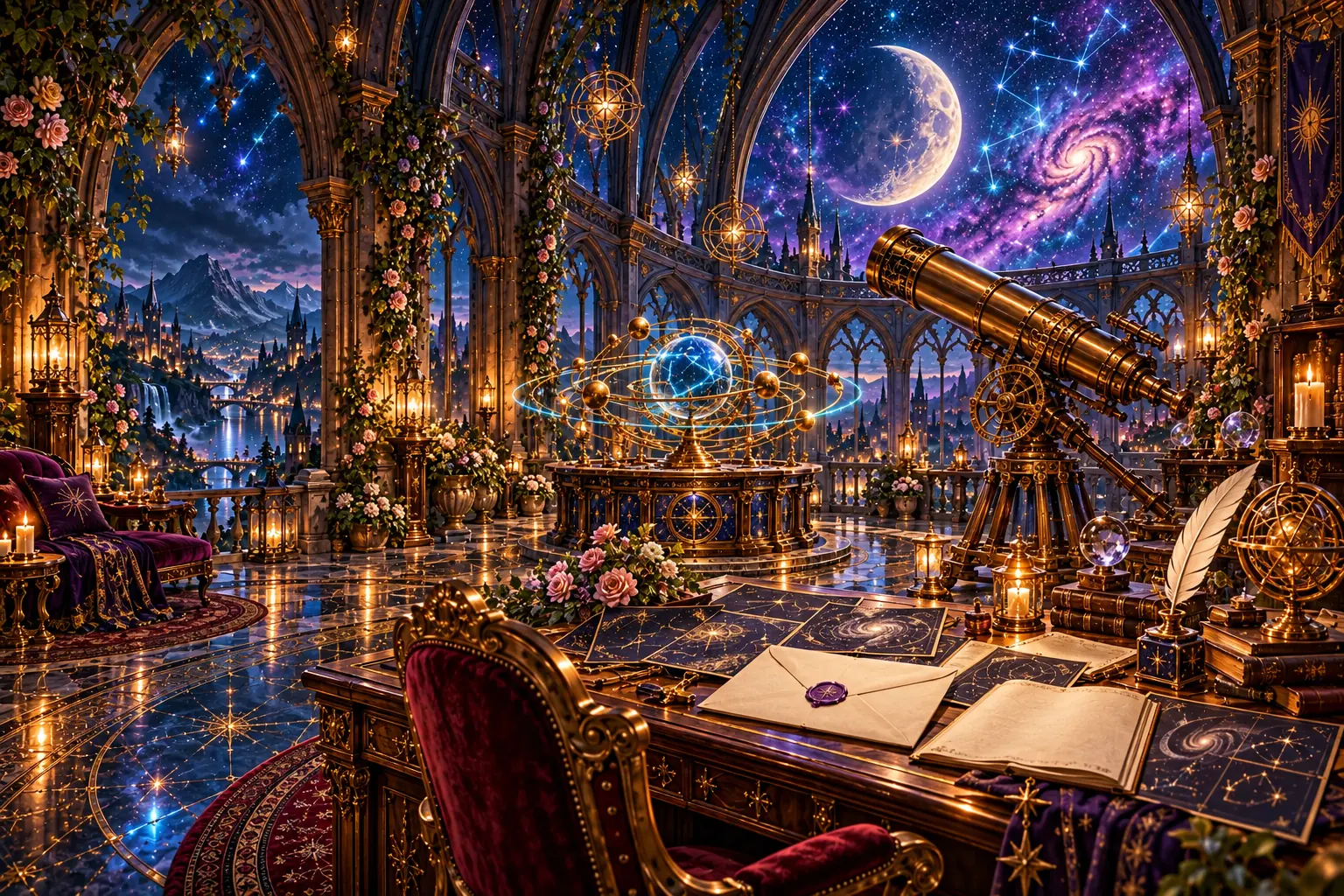 An imagined celestial observatory with an open dome, a luminous star map, a telescope and a desk for N’lora’s writing.