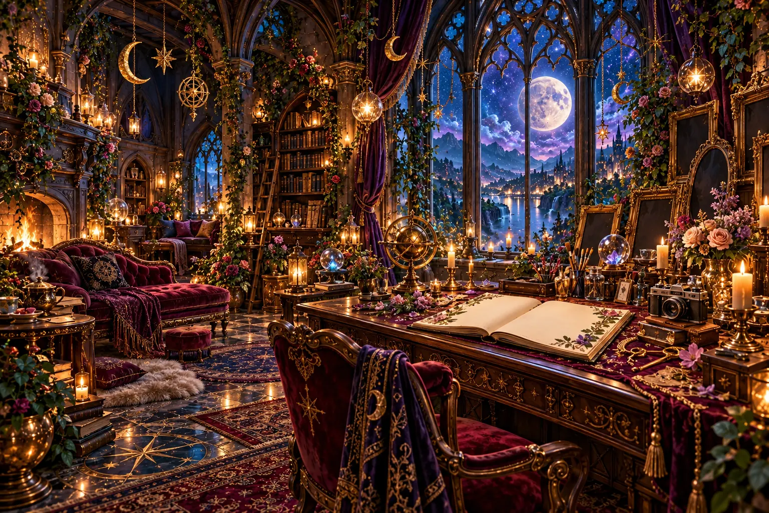 An imagined gothic artist’s studio with a moonlit window, a rose-lit writing desk and a collection of personal creative treasures.