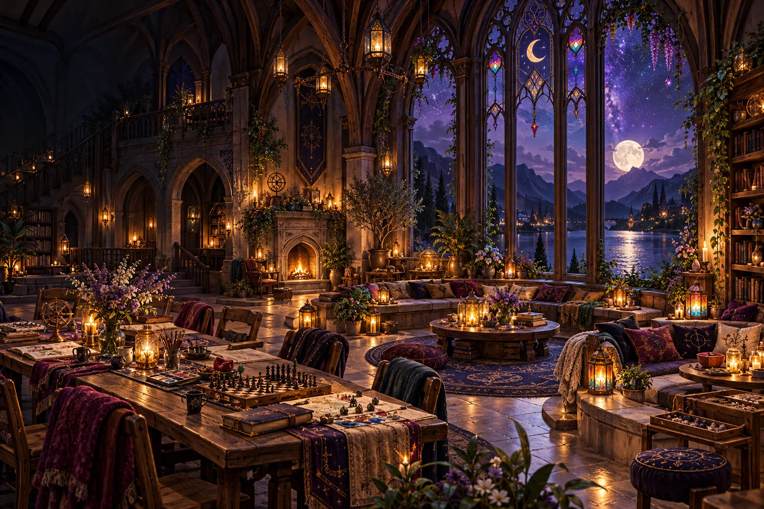An imagined Nighthaven gathering hall, full of warm light and places to sit together.