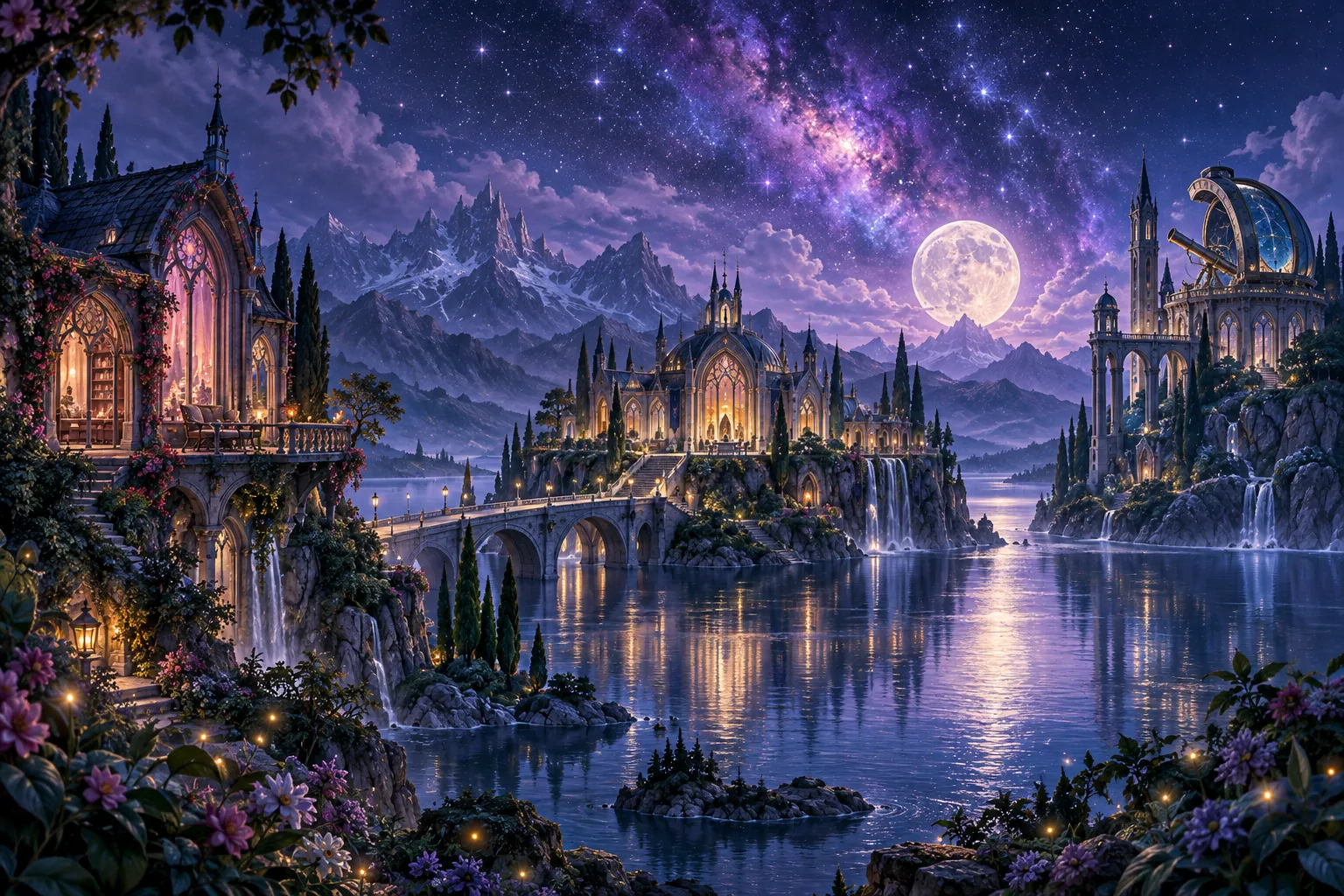 A moonlit path connects the glowing homes of an imagined sanctuary.