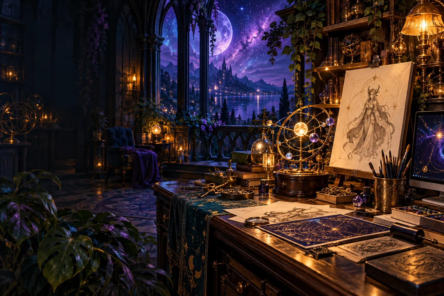 Sketchbooks and creative tools in N’lora’s imagined workshop.